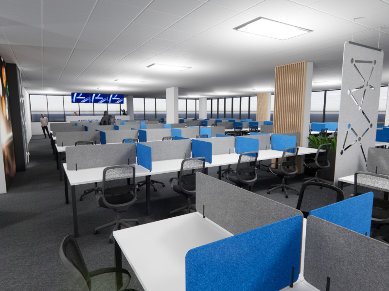 White call center desks with blue & grey screen dividers
